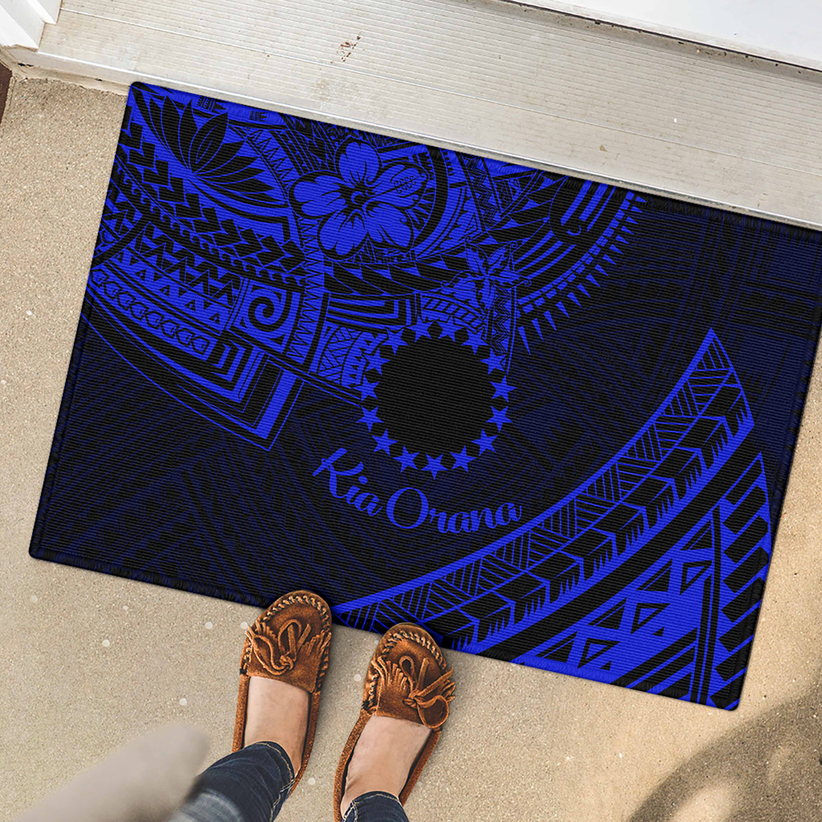 Kia Orana Cook Islands Rubber Doormat Circle Stars With Floral Navy Blue Pattern LT01 - Polynesian Pride