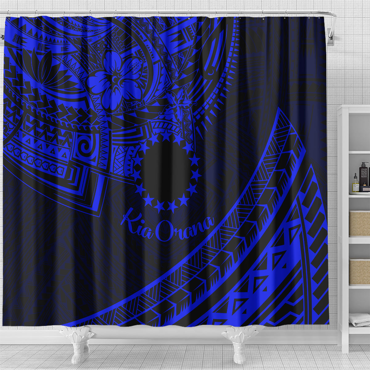 Kia Orana Cook Islands Shower Curtain Circle Stars With Floral Navy Blue Pattern LT01 - Polynesian Pride