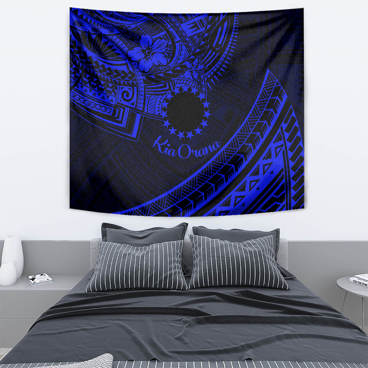 Kia Orana Cook Islands Tapestry Circle Stars With Floral Navy Blue Pattern LT01 - Polynesian Pride