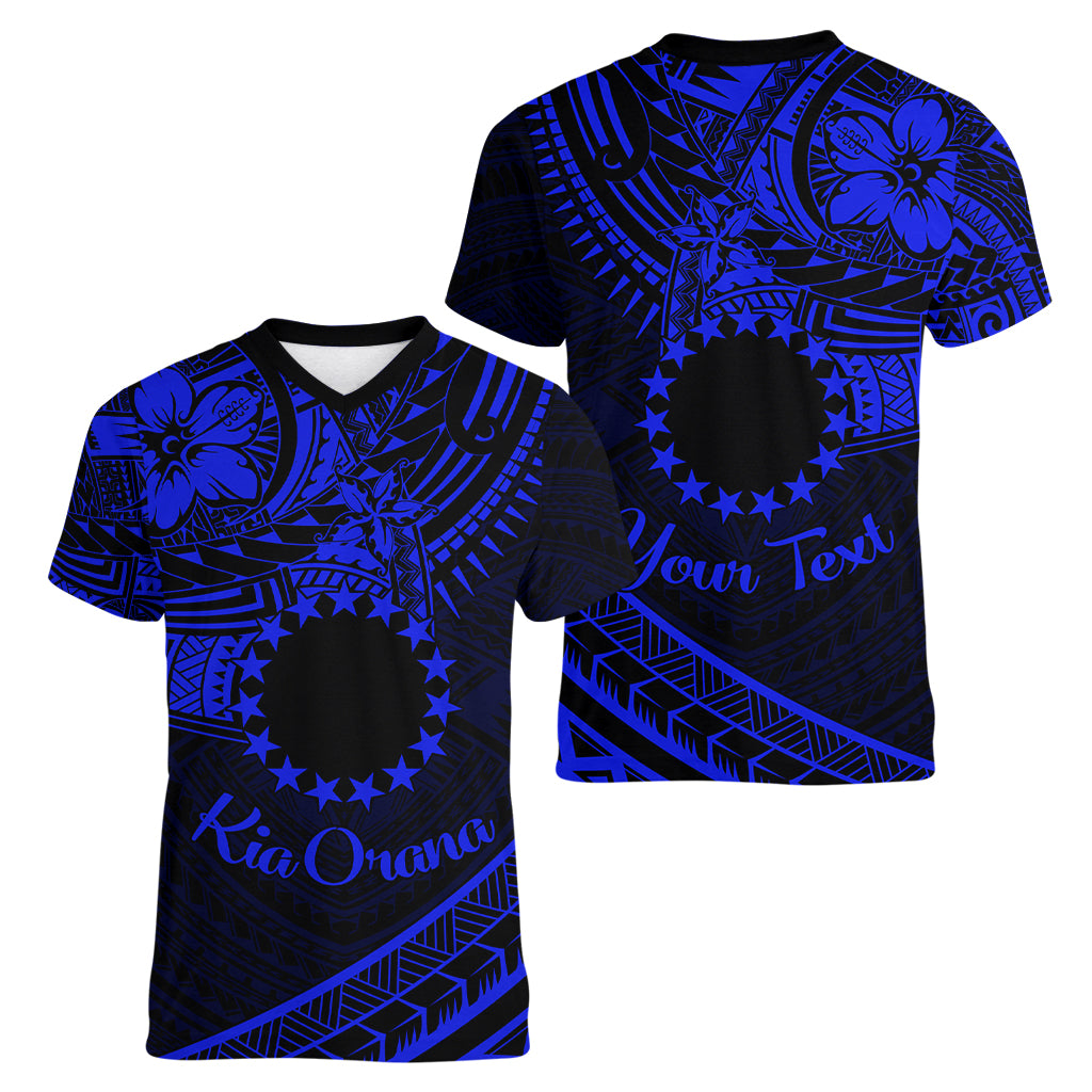 Kia Orana Cook Islands Women V Neck T Shirt Circle Stars With Floral Navy Blue Pattern LT01 - Polynesian Pride