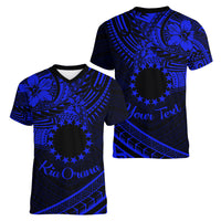 Kia Orana Cook Islands Women V Neck T Shirt Circle Stars With Floral Navy Blue Pattern LT01 - Polynesian Pride