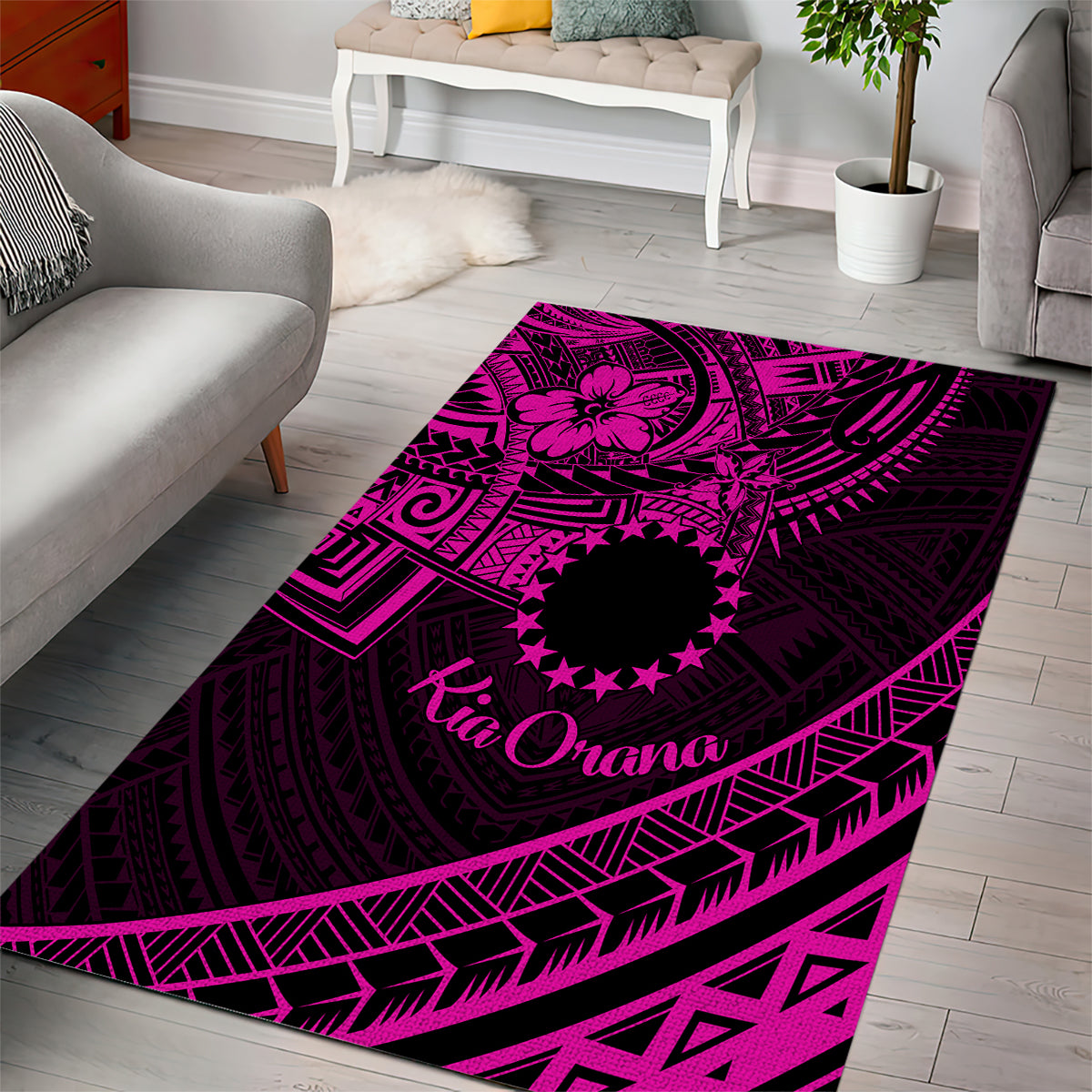 Kia Orana Cook Islands Area Rug Circle Stars With Floral Pink Pattern LT01 - Polynesian Pride