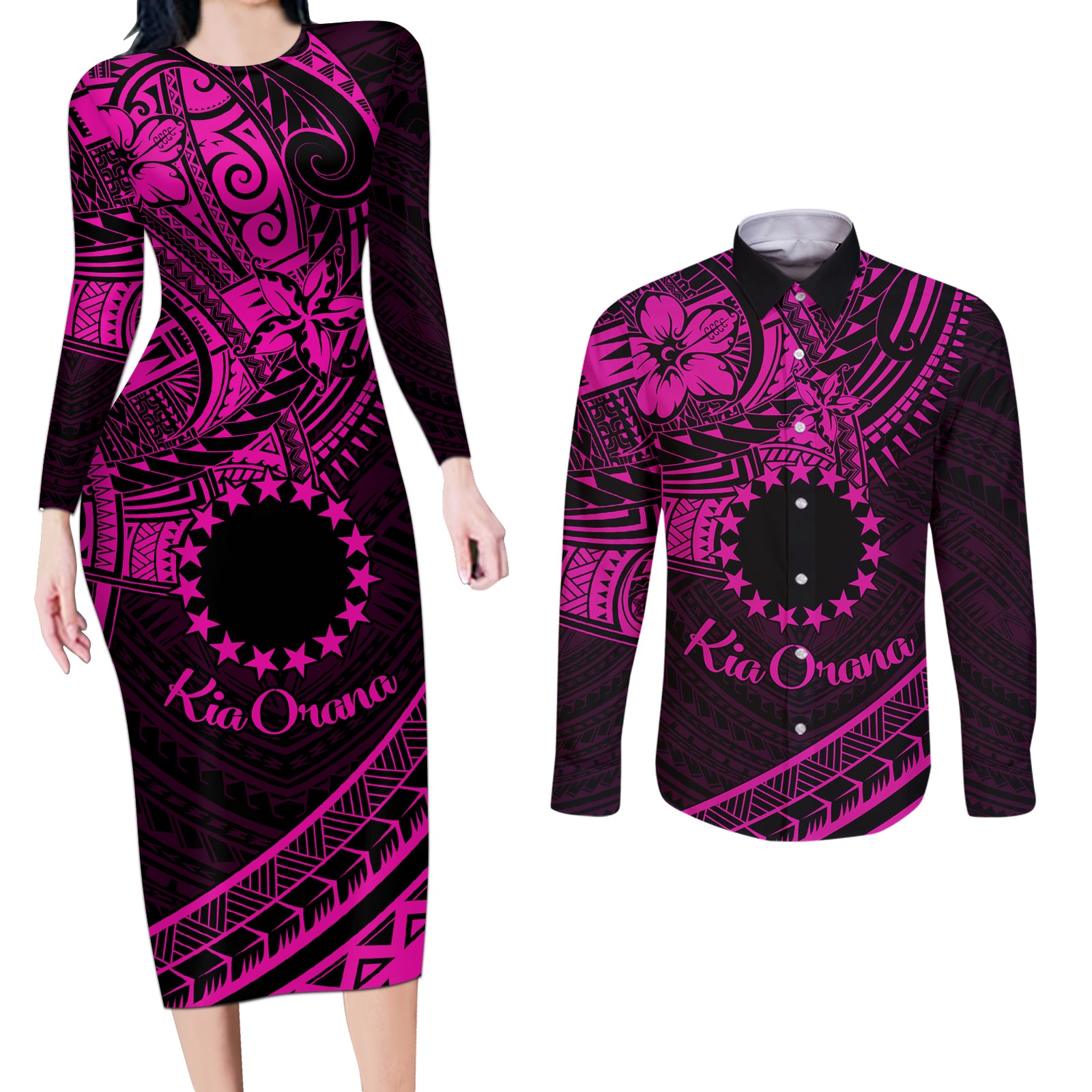 Kia Orana Cook Islands Couples Matching Long Sleeve Bodycon Dress and Long Sleeve Button Shirt Circle Stars With Floral Pink Pattern LT01 Pink - Polynesian Pride