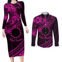 Kia Orana Cook Islands Couples Matching Long Sleeve Bodycon Dress and Long Sleeve Button Shirt Circle Stars With Floral Pink Pattern LT01 Pink - Polynesian Pride