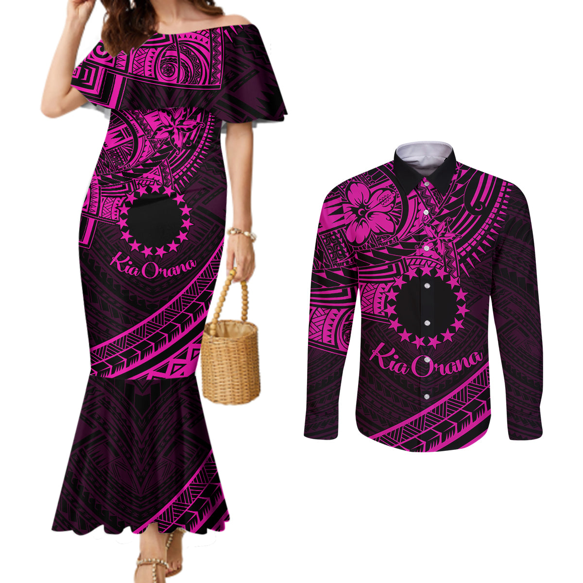 Kia Orana Cook Islands Couples Matching Mermaid Dress and Long Sleeve Button Shirt Circle Stars With Floral Pink Pattern LT01 Pink - Polynesian Pride