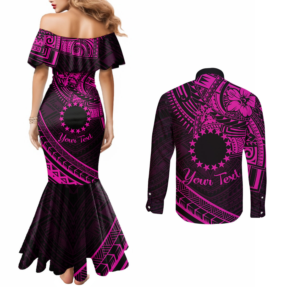 Kia Orana Cook Islands Couples Matching Mermaid Dress and Long Sleeve Button Shirt Circle Stars With Floral Pink Pattern LT01 - Polynesian Pride
