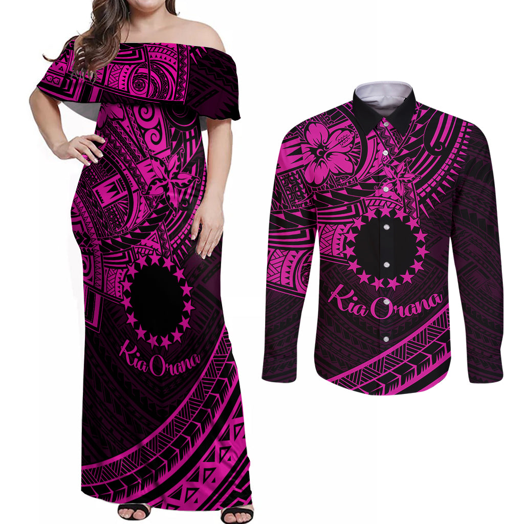 Kia Orana Cook Islands Couples Matching Off Shoulder Maxi Dress and Long Sleeve Button Shirt Circle Stars With Floral Pink Pattern LT01 Pink - Polynesian Pride
