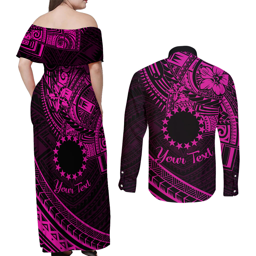 Kia Orana Cook Islands Couples Matching Off Shoulder Maxi Dress and Long Sleeve Button Shirt Circle Stars With Floral Pink Pattern LT01 - Polynesian Pride