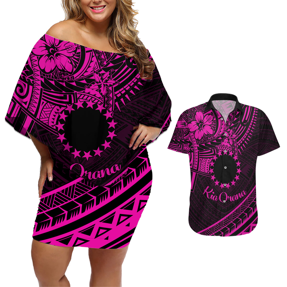 Kia Orana Cook Islands Couples Matching Off Shoulder Short Dress and Hawaiian Shirt Circle Stars With Floral Pink Pattern LT01 Pink - Polynesian Pride