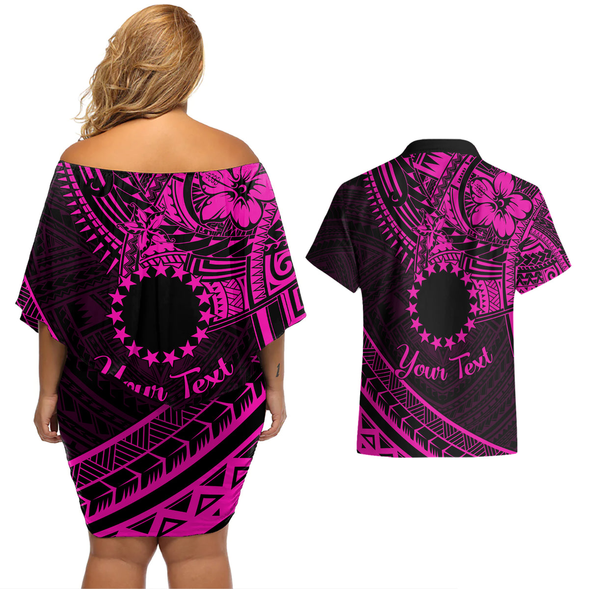 Kia Orana Cook Islands Couples Matching Off Shoulder Short Dress and Hawaiian Shirt Circle Stars With Floral Pink Pattern LT01 - Polynesian Pride