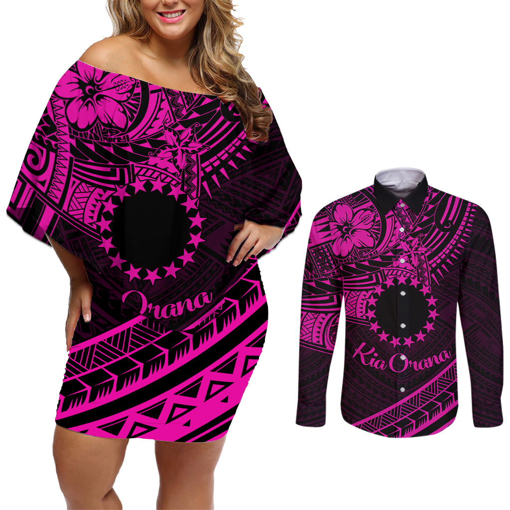 Kia Orana Cook Islands Couples Matching Off Shoulder Short Dress and Long Sleeve Button Shirt Circle Stars With Floral Pink Pattern LT01 Pink - Polynesian Pride