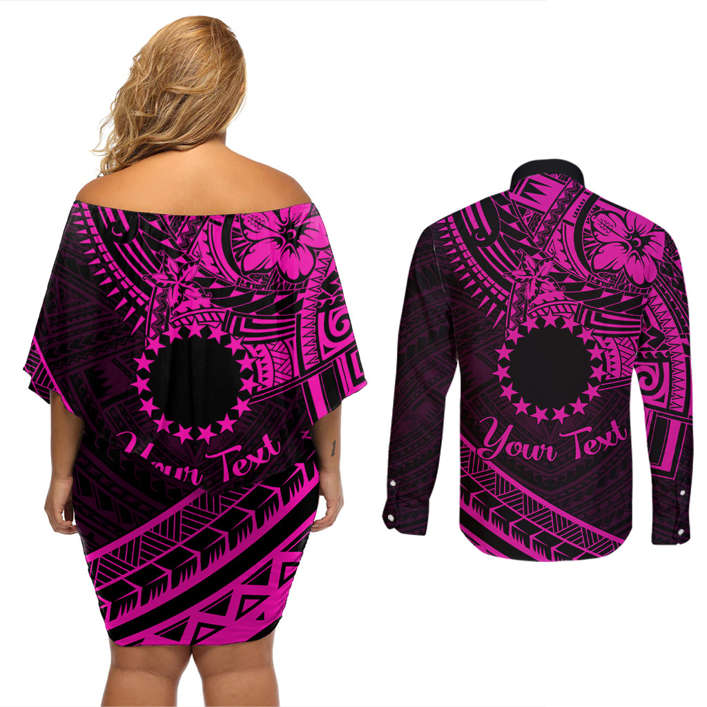 Kia Orana Cook Islands Couples Matching Off Shoulder Short Dress and Long Sleeve Button Shirt Circle Stars With Floral Pink Pattern LT01 - Polynesian Pride