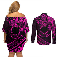 Kia Orana Cook Islands Couples Matching Off Shoulder Short Dress and Long Sleeve Button Shirt Circle Stars With Floral Pink Pattern LT01 - Polynesian Pride