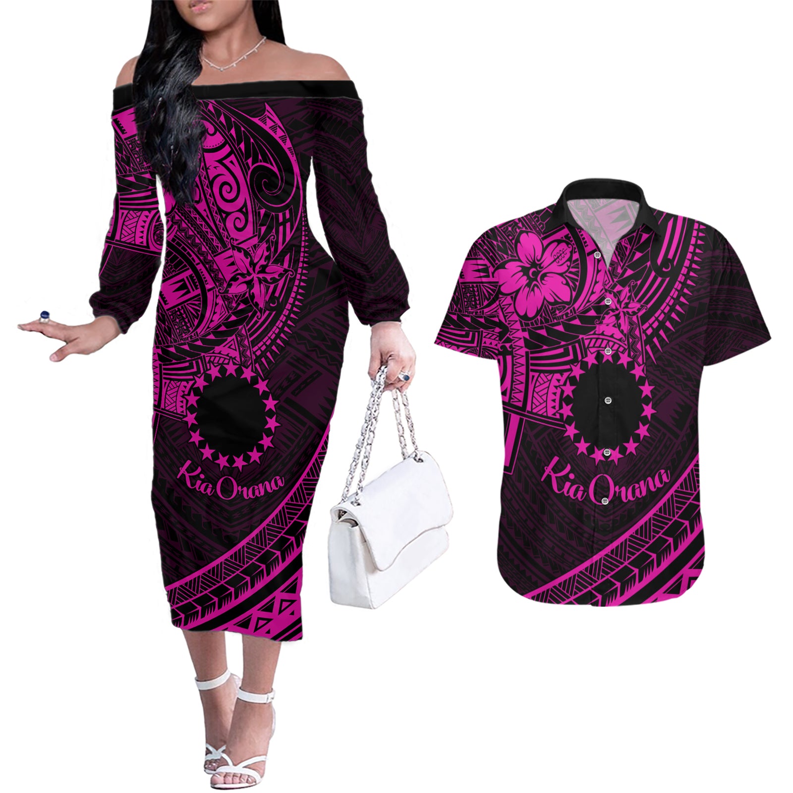 Kia Orana Cook Islands Couples Matching Off The Shoulder Long Sleeve Dress and Hawaiian Shirt Circle Stars With Floral Pink Pattern LT01 Pink - Polynesian Pride