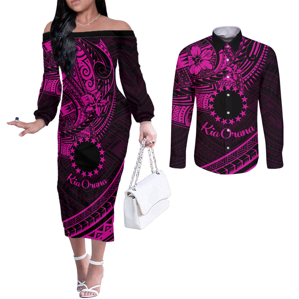 Kia Orana Cook Islands Couples Matching Off The Shoulder Long Sleeve Dress and Long Sleeve Button Shirt Circle Stars With Floral Pink Pattern LT01 Pink - Polynesian Pride