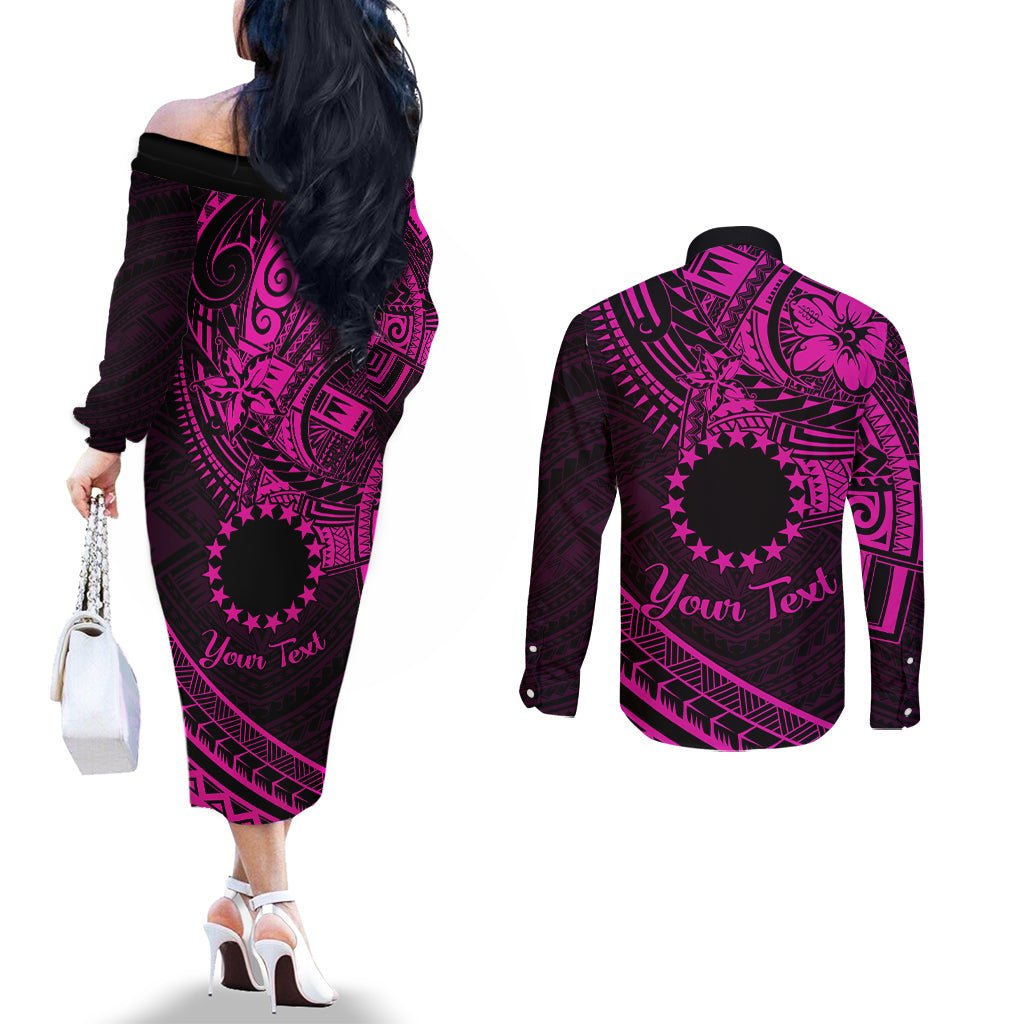 Kia Orana Cook Islands Couples Matching Off The Shoulder Long Sleeve Dress and Long Sleeve Button Shirt Circle Stars With Floral Pink Pattern LT01 - Polynesian Pride
