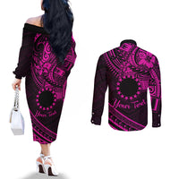 Kia Orana Cook Islands Couples Matching Off The Shoulder Long Sleeve Dress and Long Sleeve Button Shirt Circle Stars With Floral Pink Pattern LT01 - Polynesian Pride
