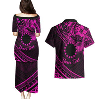 Kia Orana Cook Islands Couples Matching Puletasi Dress and Hawaiian Shirt Circle Stars With Floral Pink Pattern LT01 - Polynesian Pride