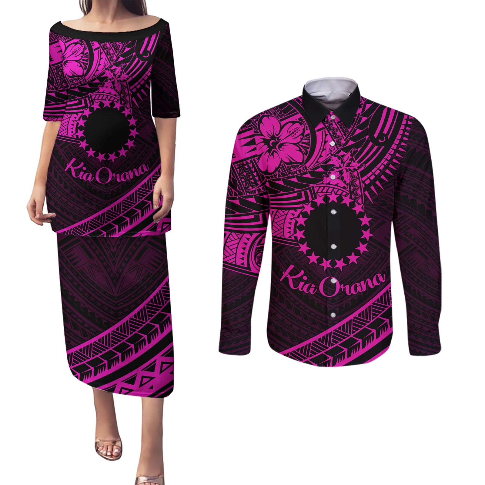 Kia Orana Cook Islands Couples Matching Puletasi Dress and Long Sleeve Button Shirt Circle Stars With Floral Pink Pattern LT01 Pink - Polynesian Pride