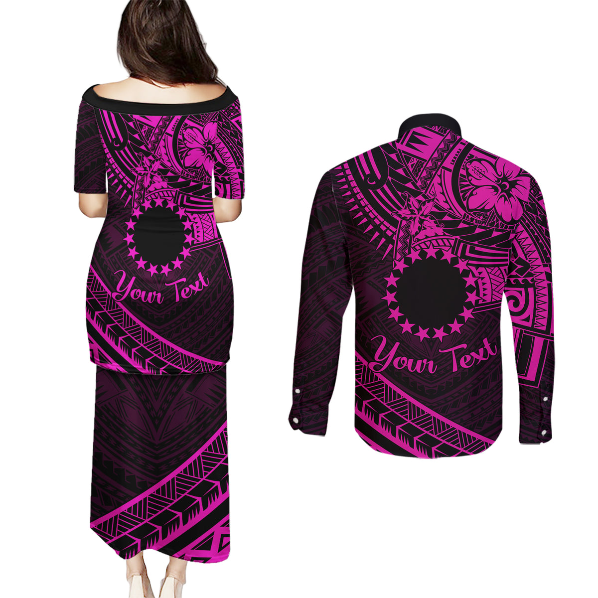 Kia Orana Cook Islands Couples Matching Puletasi Dress and Long Sleeve Button Shirt Circle Stars With Floral Pink Pattern LT01 - Polynesian Pride