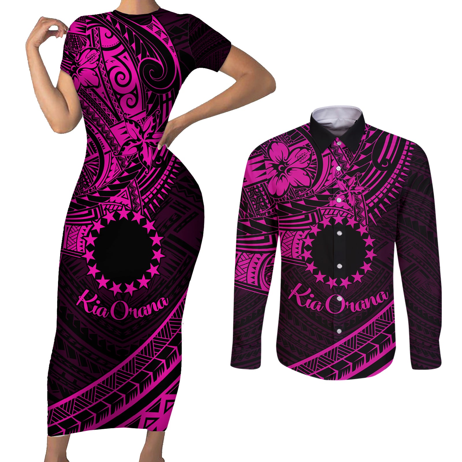 Kia Orana Cook Islands Couples Matching Short Sleeve Bodycon Dress and Long Sleeve Button Shirt Circle Stars With Floral Pink Pattern LT01 Pink - Polynesian Pride