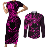 Kia Orana Cook Islands Couples Matching Short Sleeve Bodycon Dress and Long Sleeve Button Shirt Circle Stars With Floral Pink Pattern LT01 Pink - Polynesian Pride