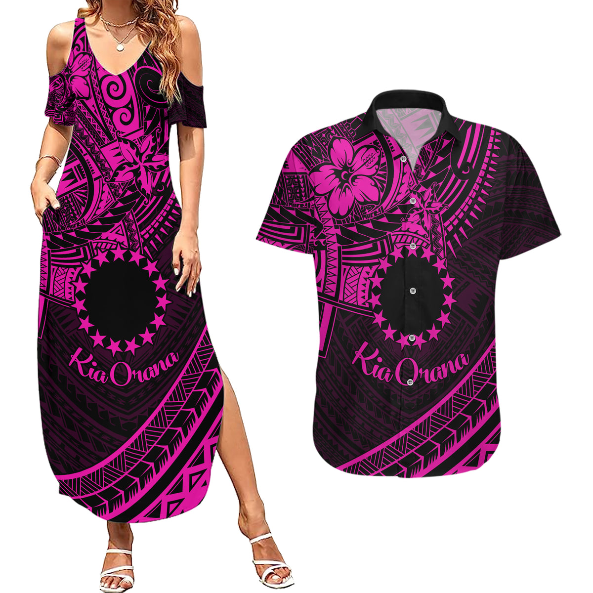 Kia Orana Cook Islands Couples Matching Summer Maxi Dress and Hawaiian Shirt Circle Stars With Floral Pink Pattern LT01 Pink - Polynesian Pride