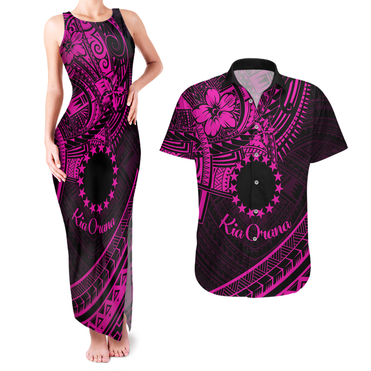 Kia Orana Cook Islands Couples Matching Tank Maxi Dress and Hawaiian Shirt Circle Stars With Floral Pink Pattern LT01 Pink - Polynesian Pride