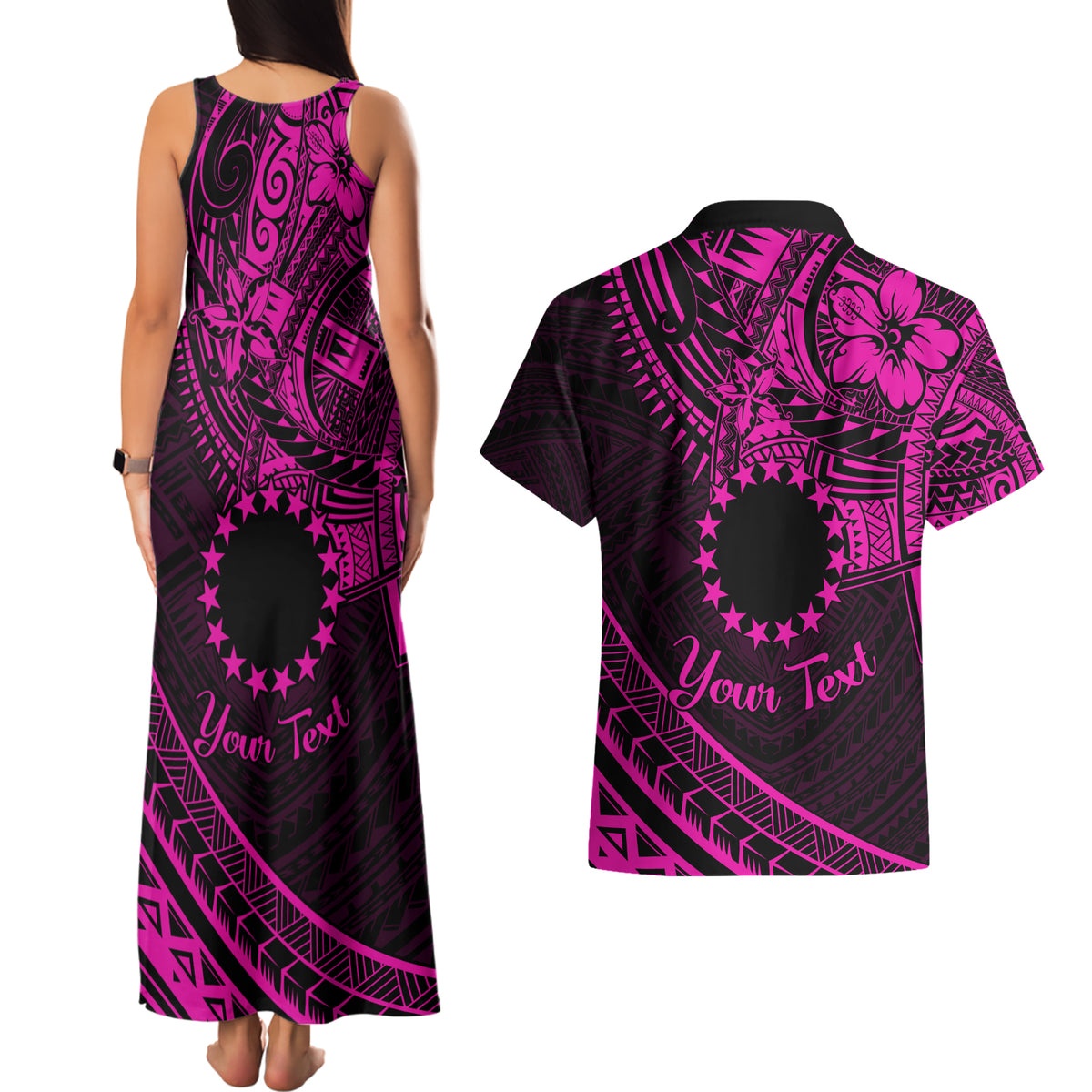 Kia Orana Cook Islands Couples Matching Tank Maxi Dress and Hawaiian Shirt Circle Stars With Floral Pink Pattern LT01 - Polynesian Pride
