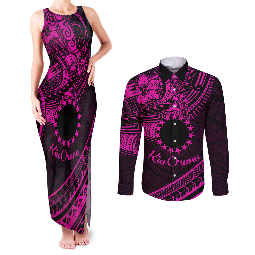 Kia Orana Cook Islands Couples Matching Tank Maxi Dress and Long Sleeve Button Shirt Circle Stars With Floral Pink Pattern LT01 Pink - Polynesian Pride