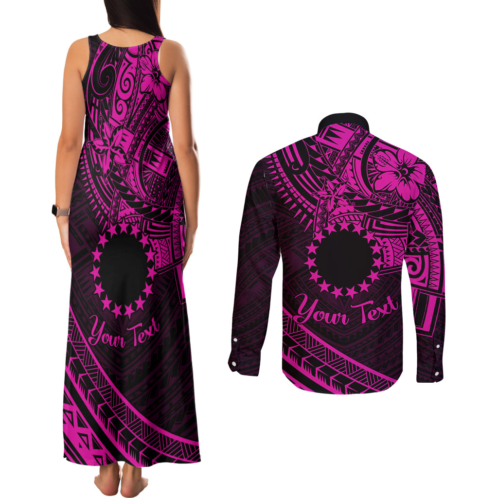 Kia Orana Cook Islands Couples Matching Tank Maxi Dress and Long Sleeve Button Shirt Circle Stars With Floral Pink Pattern LT01 - Polynesian Pride