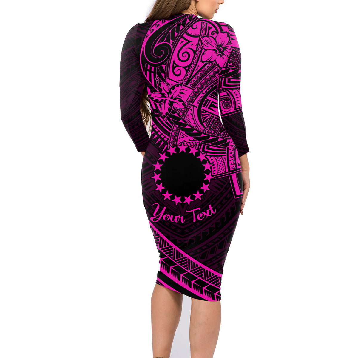 Kia Orana Cook Islands Family Matching Long Sleeve Bodycon Dress and Hawaiian Shirt Circle Stars With Floral Pink Pattern LT01 - Polynesian Pride
