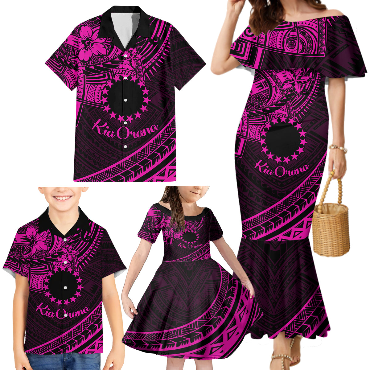 Kia Orana Cook Islands Family Matching Mermaid Dress and Hawaiian Shirt Circle Stars With Floral Pink Pattern LT01 - Polynesian Pride