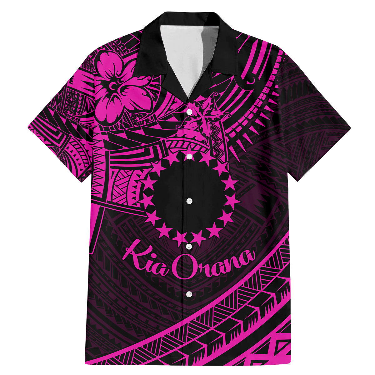 Kia Orana Cook Islands Family Matching Mermaid Dress and Hawaiian Shirt Circle Stars With Floral Pink Pattern LT01 Dad's Shirt - Short Sleeve Pink - Polynesian Pride