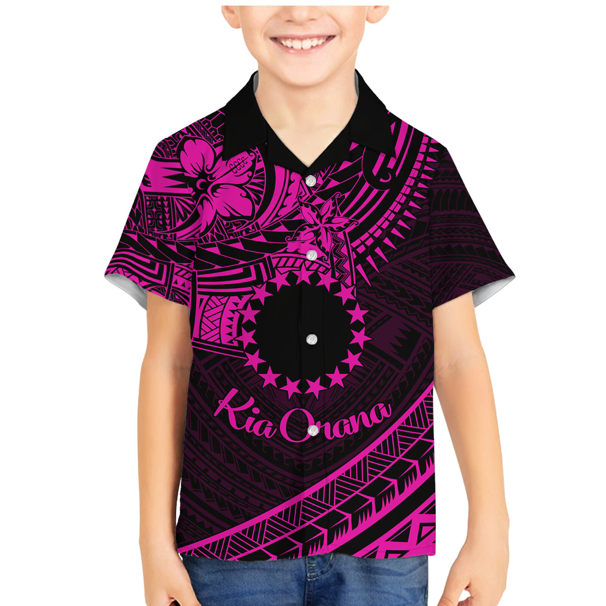Kia Orana Cook Islands Family Matching Mermaid Dress and Hawaiian Shirt Circle Stars With Floral Pink Pattern LT01 Son's Shirt Pink - Polynesian Pride