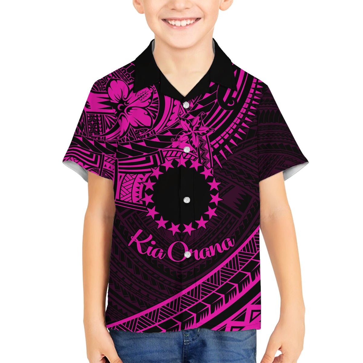 Kia Orana Cook Islands Family Matching Off Shoulder Maxi Dress and Hawaiian Shirt Circle Stars With Floral Pink Pattern LT01 Son's Shirt Pink - Polynesian Pride