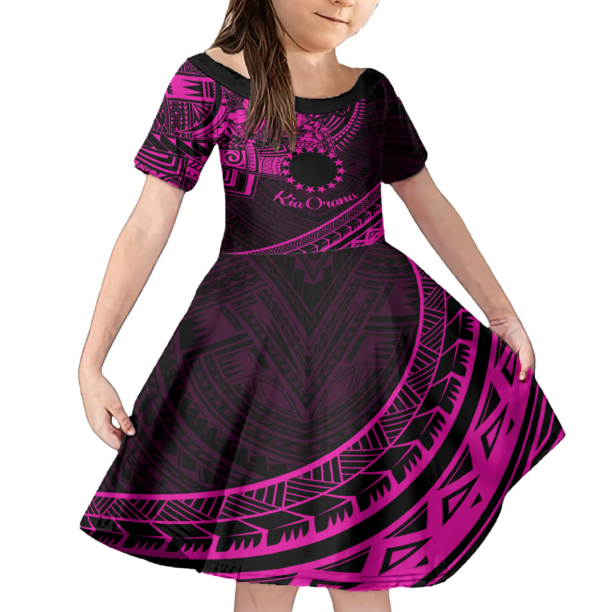 Kia Orana Cook Islands Family Matching Off Shoulder Short Dress and Hawaiian Shirt Circle Stars With Floral Pink Pattern LT01 Daughter's Dress Pink - Polynesian Pride