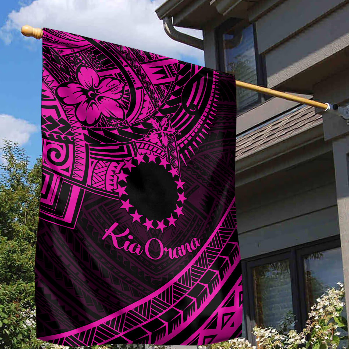 Kia Orana Cook Islands Garden Flag Circle Stars With Floral Pink Pattern LT01 - Polynesian Pride