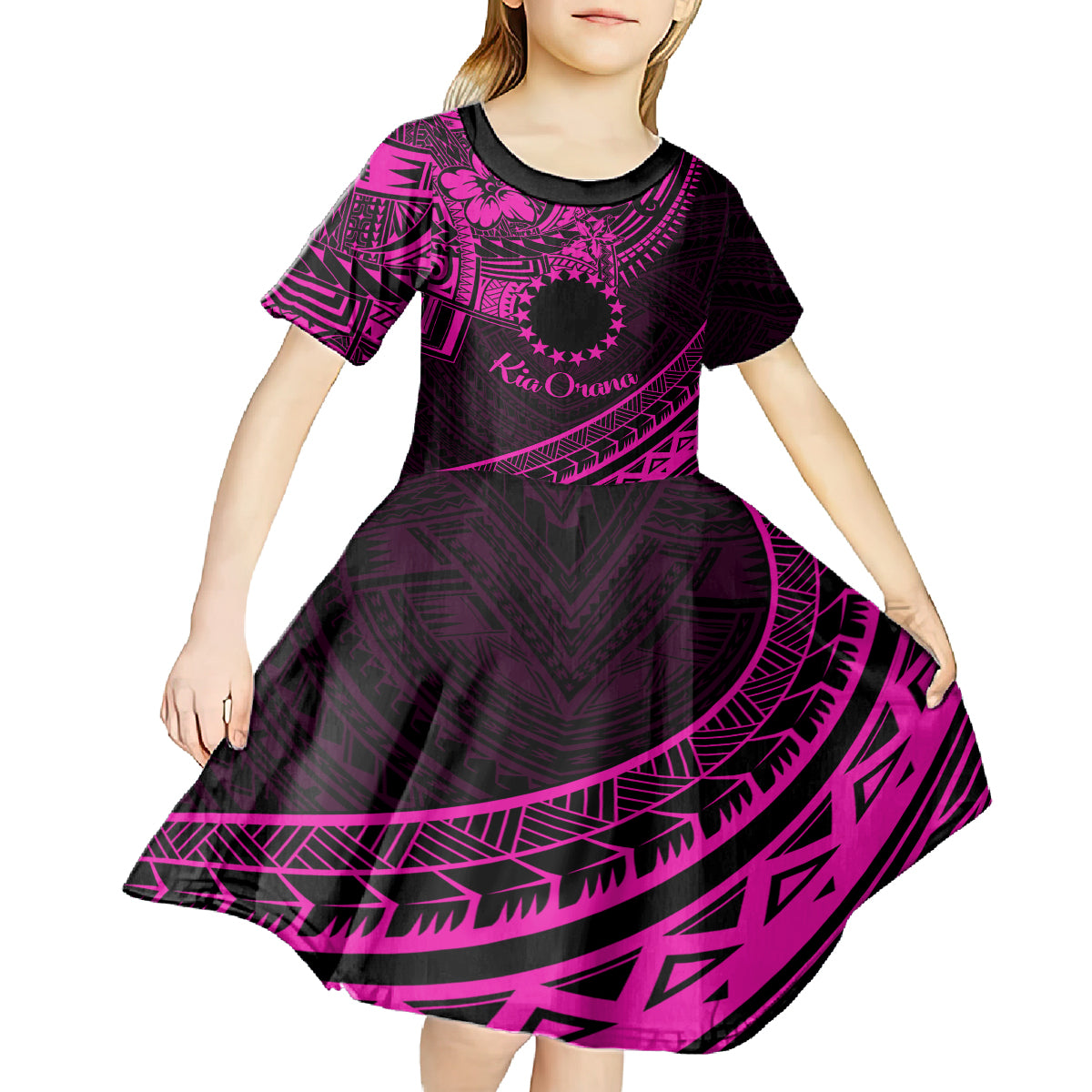 Kia Orana Cook Islands Kid Short Sleeve Dress Circle Stars With Floral Pink Pattern LT01 - Polynesian Pride