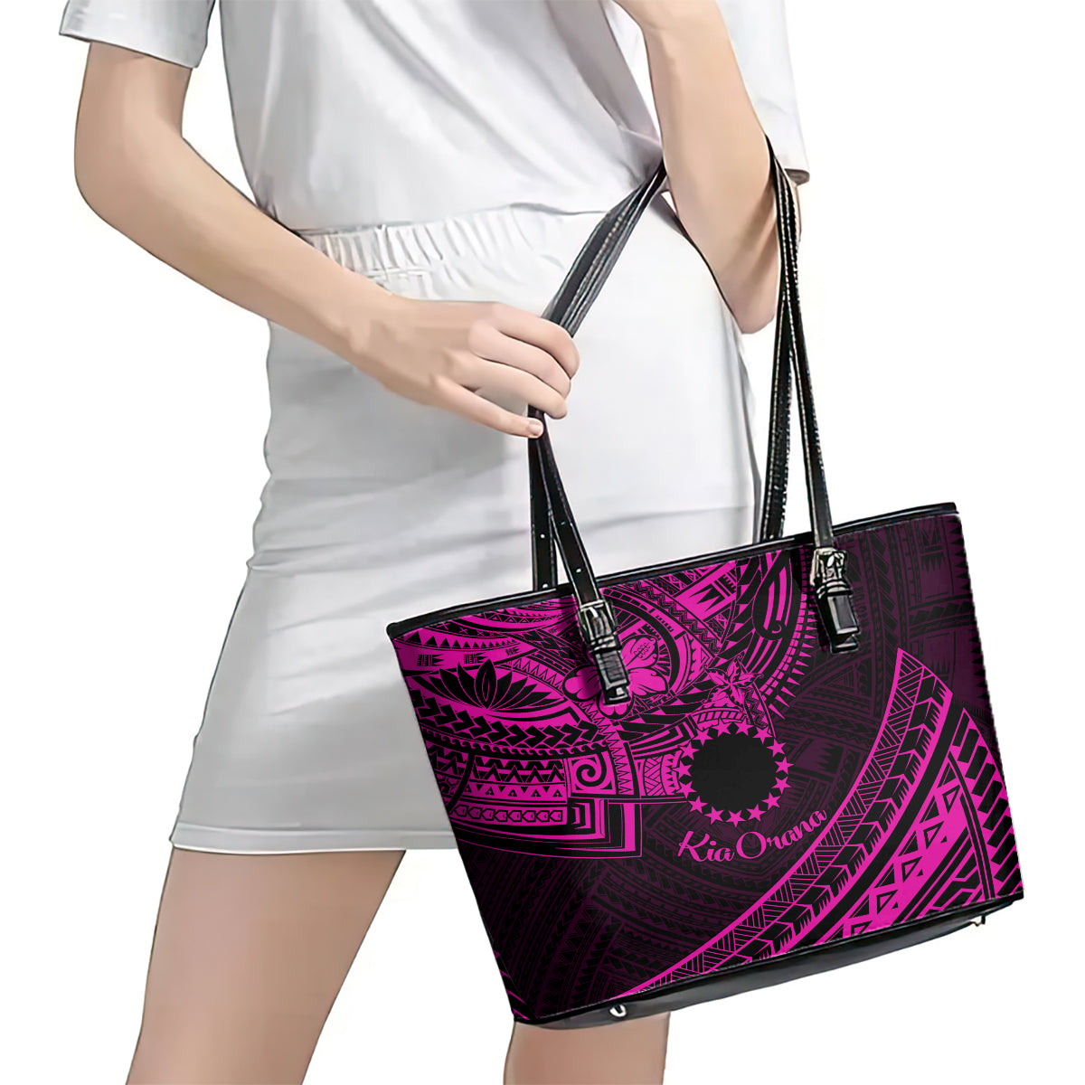 Kia Orana Cook Islands Leather Tote Bag Circle Stars With Floral Pink Pattern LT01 - Polynesian Pride