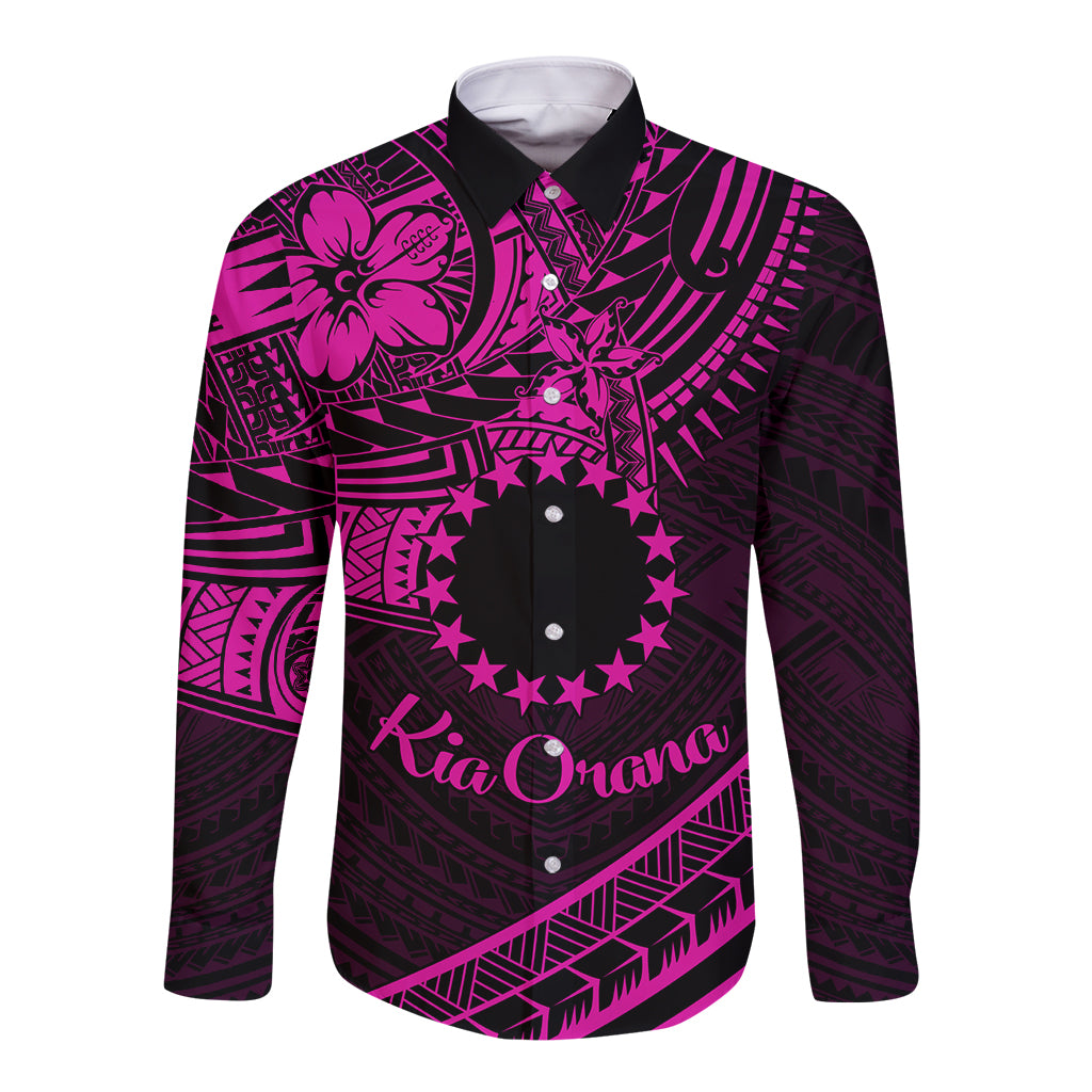 Kia Orana Cook Islands Long Sleeve Button Shirt Circle Stars With Floral Pink Pattern LT01 Unisex Pink - Polynesian Pride