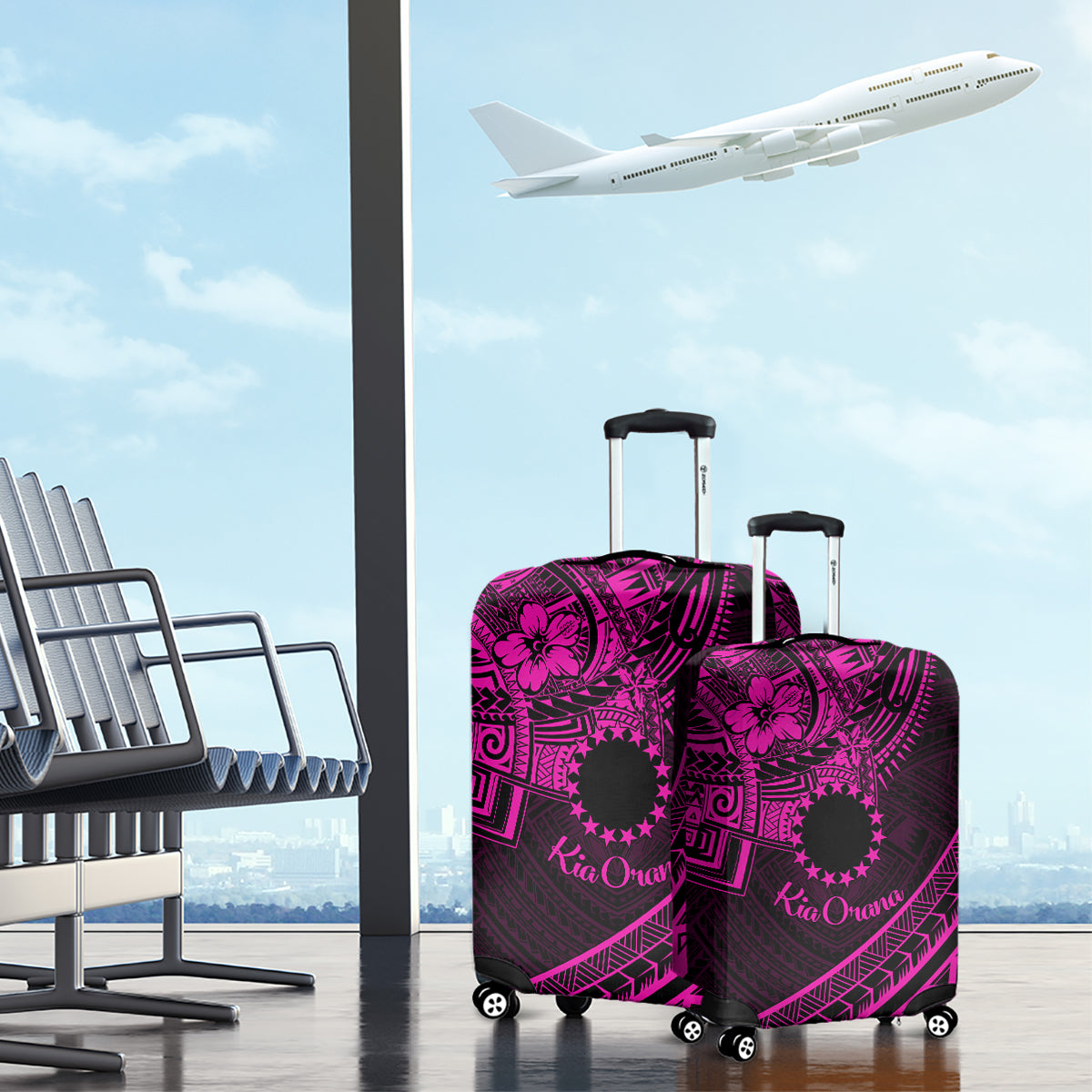 Kia Orana Cook Islands Luggage Cover Circle Stars With Floral Pink Pattern LT01 - Polynesian Pride