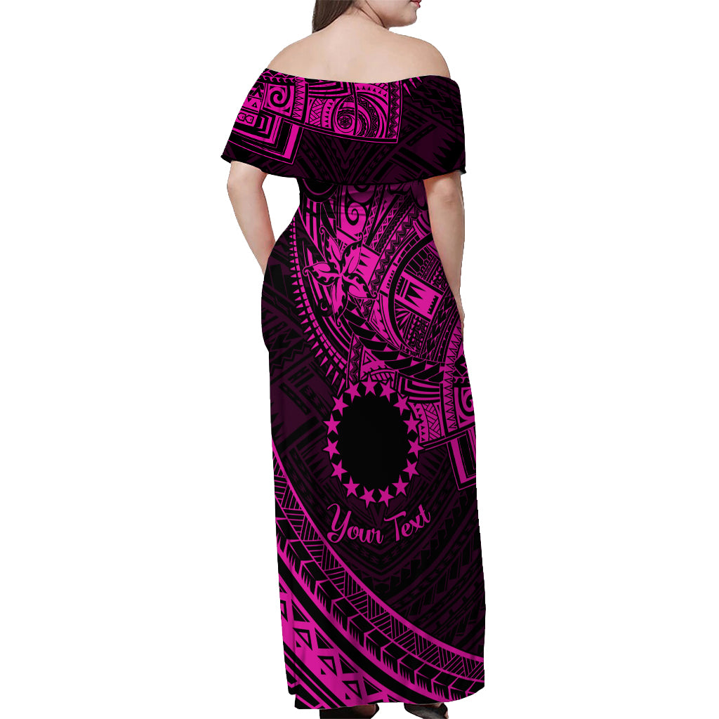 Kia Orana Cook Islands Off Shoulder Maxi Dress Circle Stars With Floral Pink Pattern LT01 - Polynesian Pride
