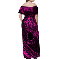 Kia Orana Cook Islands Off Shoulder Maxi Dress Circle Stars With Floral Pink Pattern LT01 - Polynesian Pride