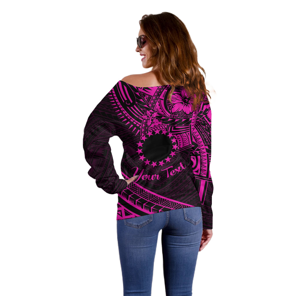 Kia Orana Cook Islands Off Shoulder Sweater Circle Stars With Floral Pink Pattern LT01 - Polynesian Pride