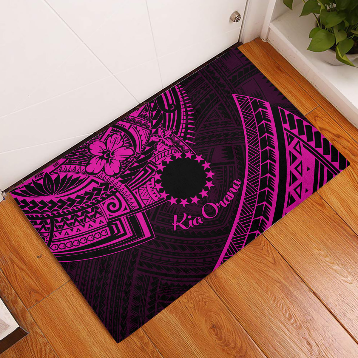 Kia Orana Cook Islands Rubber Doormat Circle Stars With Floral Pink Pattern LT01 Pink - Polynesian Pride