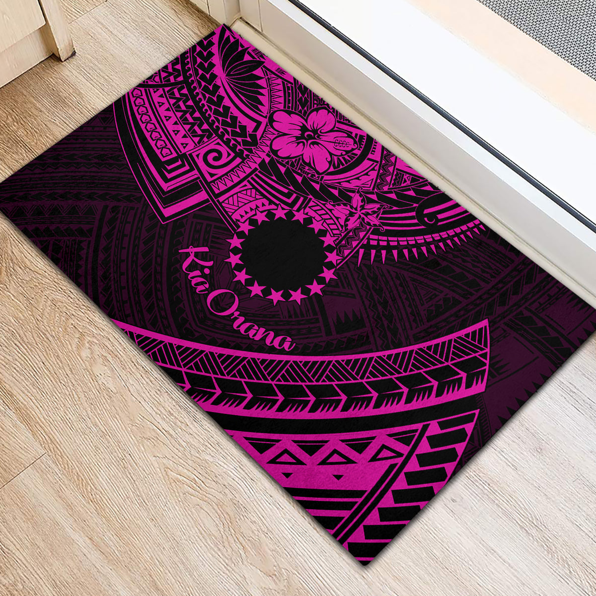 Kia Orana Cook Islands Rubber Doormat Circle Stars With Floral Pink Pattern LT01 - Polynesian Pride