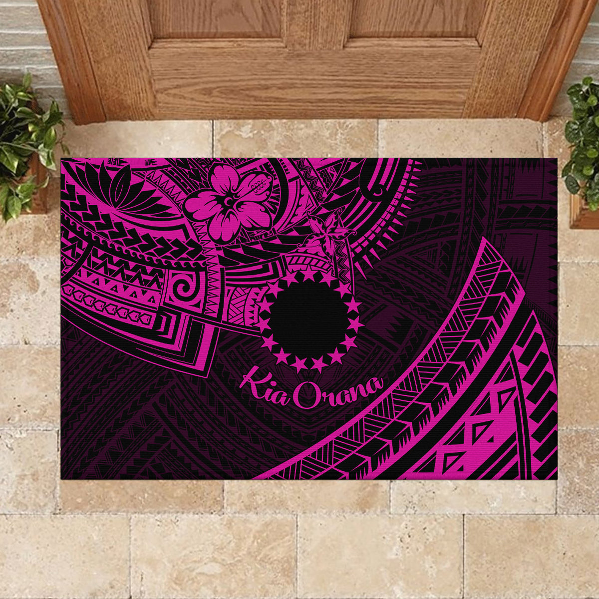 Kia Orana Cook Islands Rubber Doormat Circle Stars With Floral Pink Pattern LT01 - Polynesian Pride