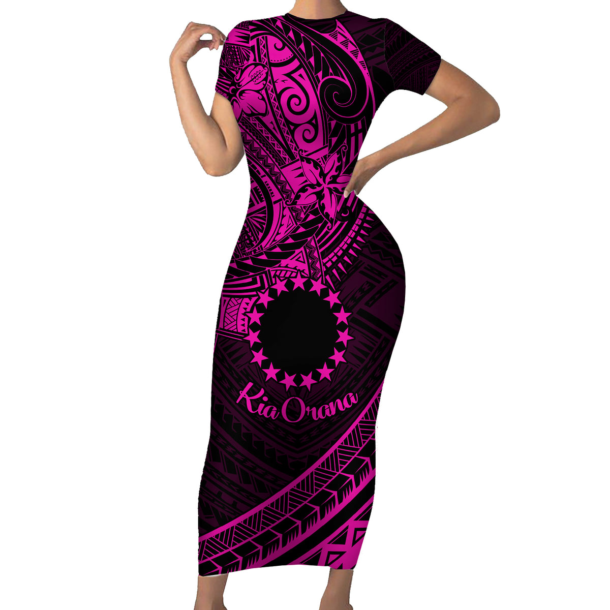 Kia Orana Cook Islands Short Sleeve Bodycon Dress Circle Stars With Floral Pink Pattern LT01 Long Dress Pink - Polynesian Pride
