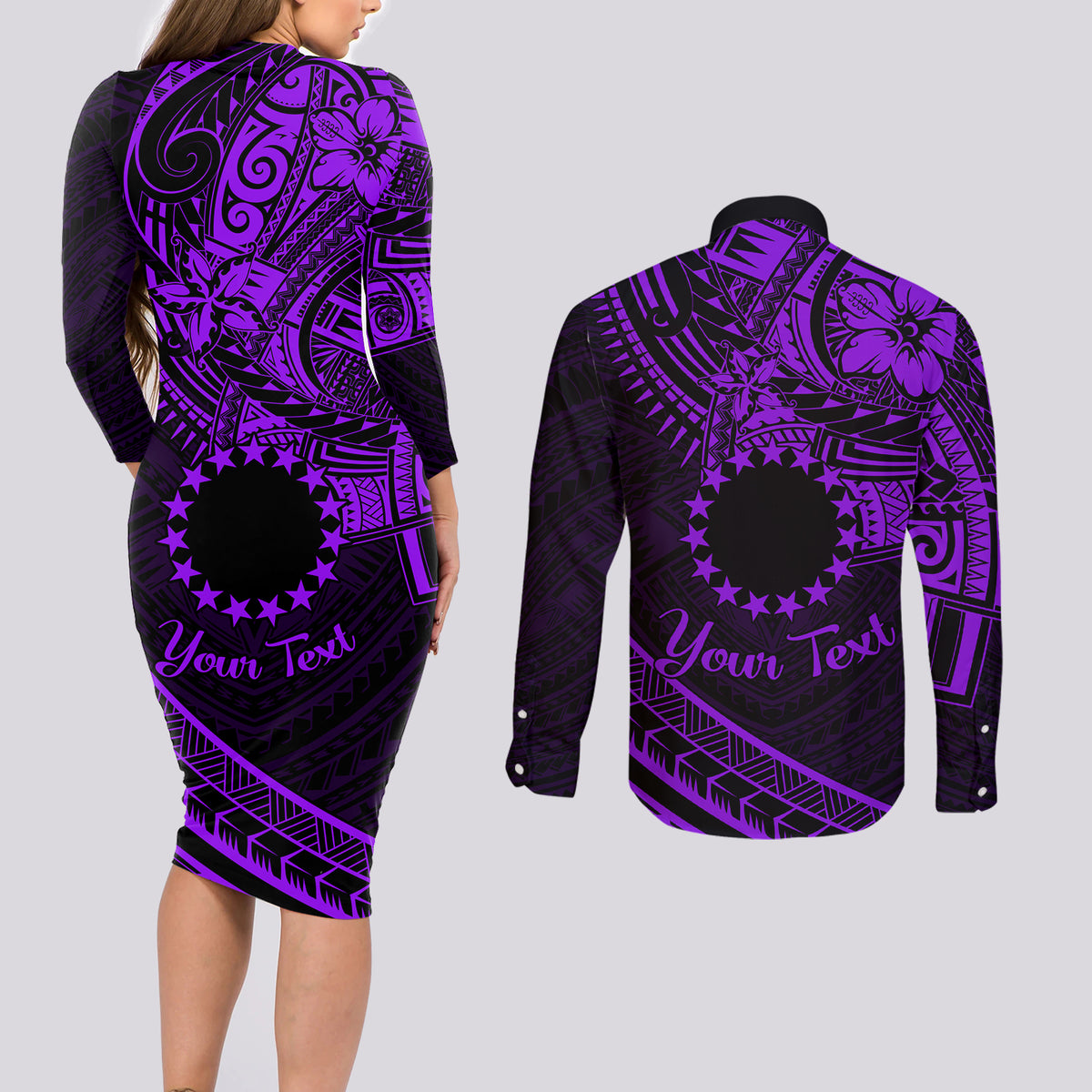 Kia Orana Cook Islands Couples Matching Long Sleeve Bodycon Dress and Long Sleeve Button Shirt Circle Stars With Floral Purple Pattern LT01 - Polynesian Pride